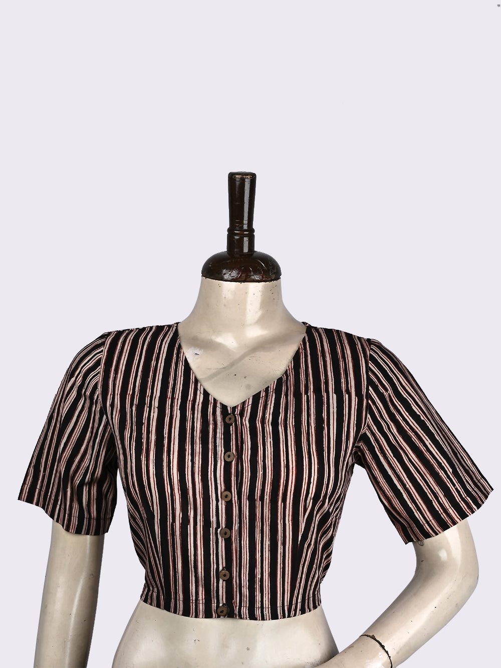Bagru Black Seedhi Baat Stripes V-neck Hand Block Printed Cotton Blouse