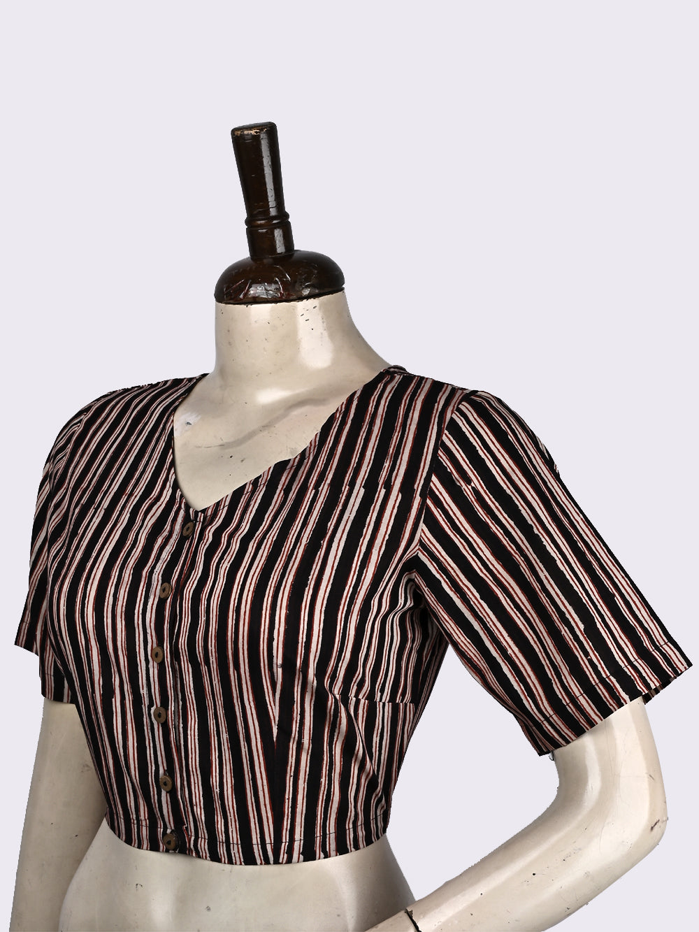 Bagru Black Seedhi Baat Stripes V-neck Hand Block Printed Cotton Blouse