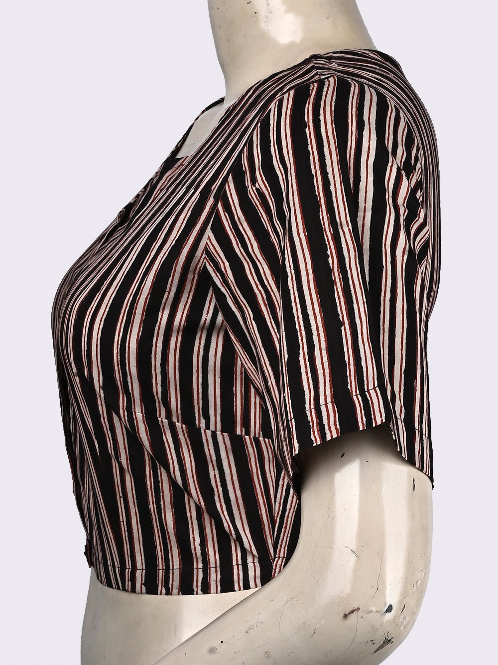 Bagru Black Seedhi Baat Stripes V-neck Hand Block Printed Cotton Blouse