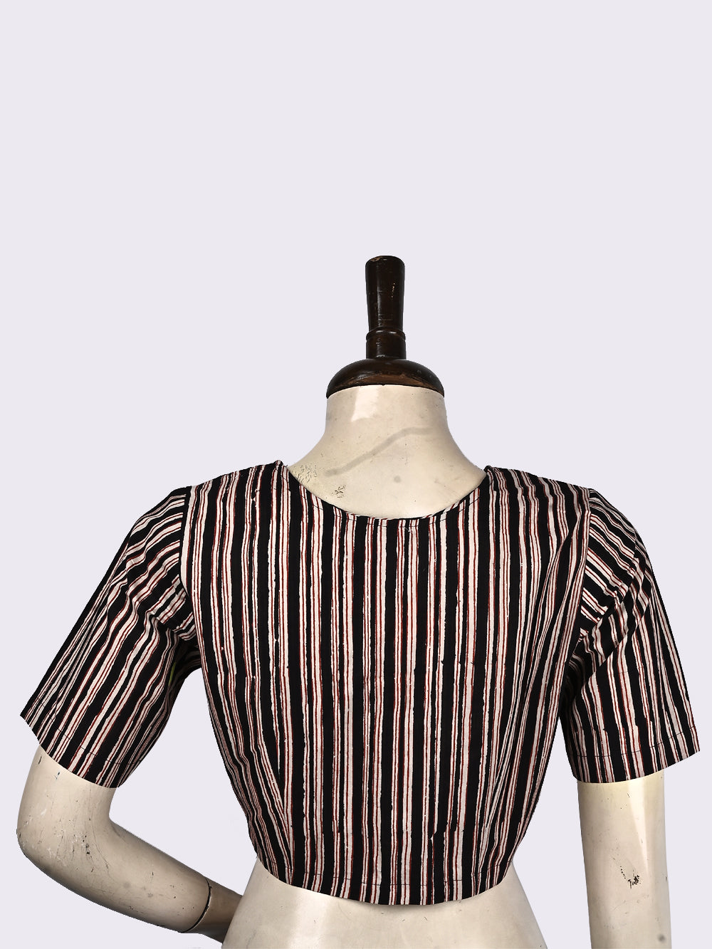 Bagru Black Seedhi Baat Stripes V-neck Hand Block Printed Cotton Blouse
