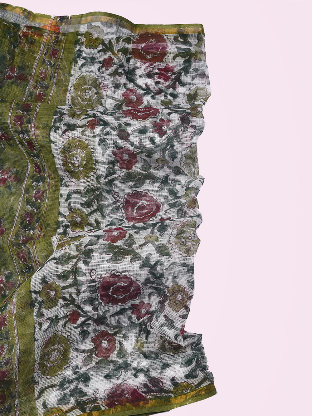 Green Jaal Hand Block Printed Pattern Kota Doria Dupatta