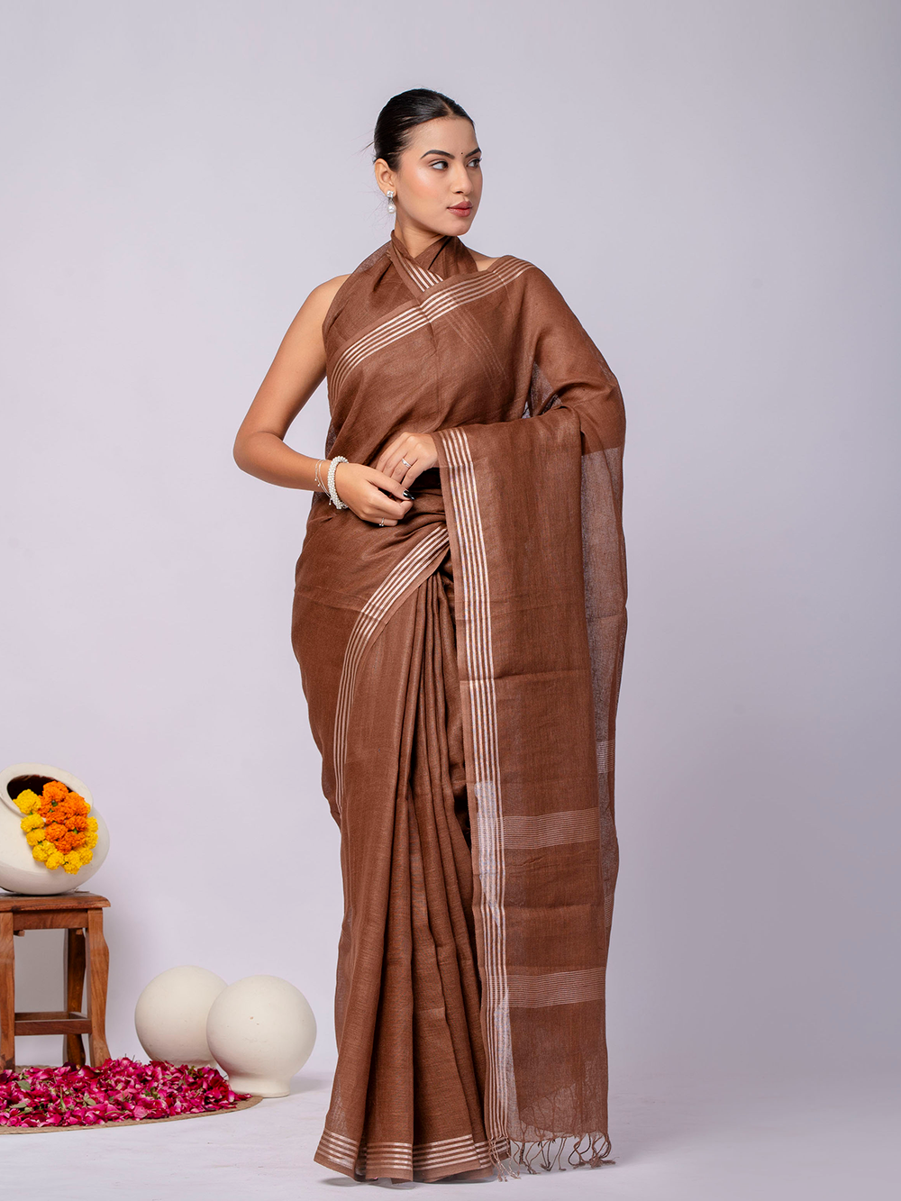 Cocoa Brown Cross Dyed Pure Linen Saree with Blouse