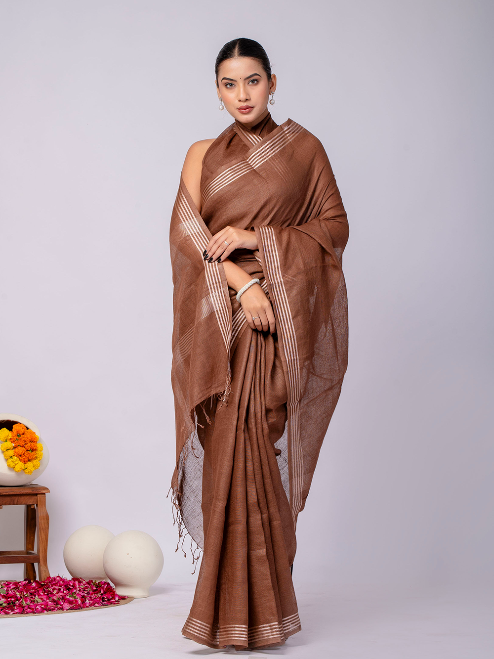 Cocoa Brown Cross Dyed Pure Linen Saree with Blouse