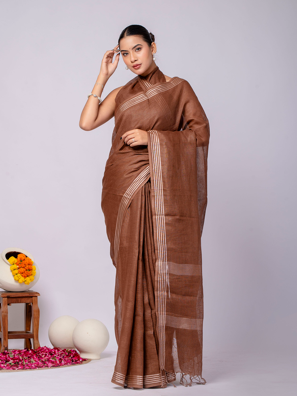 Cocoa Brown Cross Dyed Pure Linen Saree with Blouse