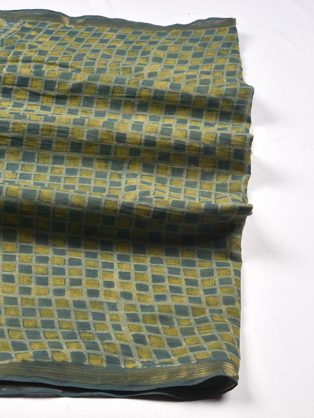 Checkmate green Hand Block Printed Cotton Dupatta with Zari Border