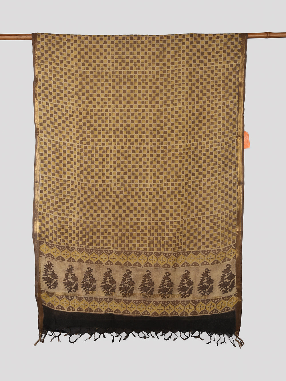Brown Checkmate Hand Block Printed Cotton Dupatta with Zari Border