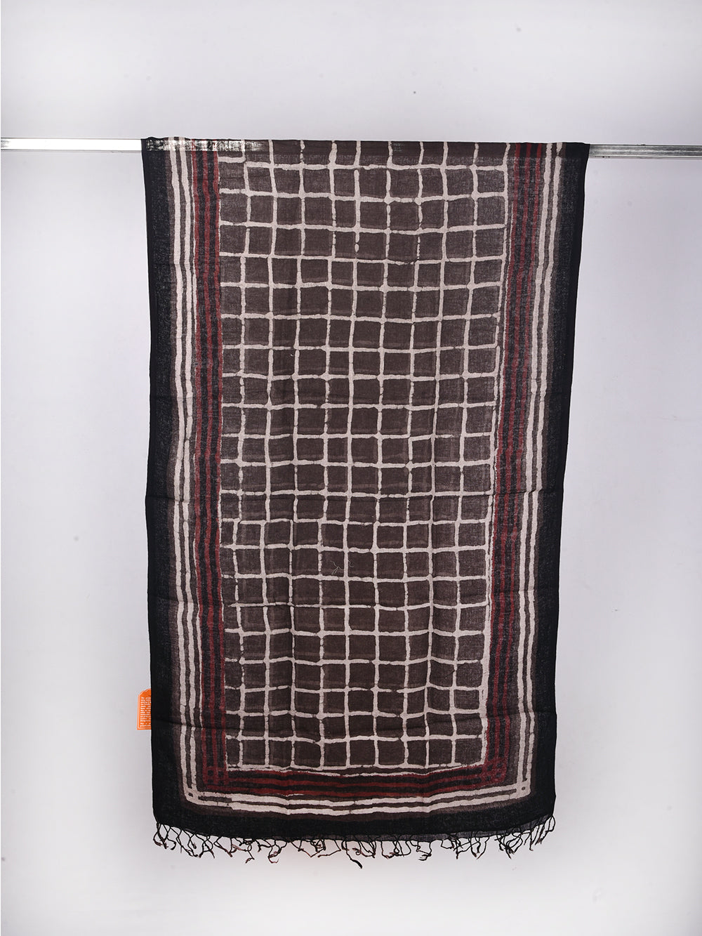 Bagru Daboo Kasis Checks Hand Printed Pure Linen Dupatta