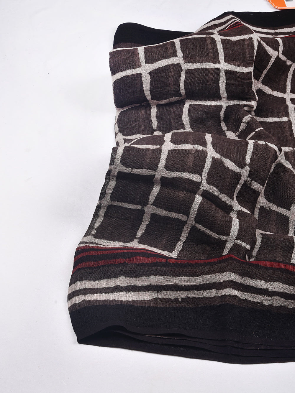 Bagru Daboo Kasis Checks Hand Printed Pure Linen Dupatta