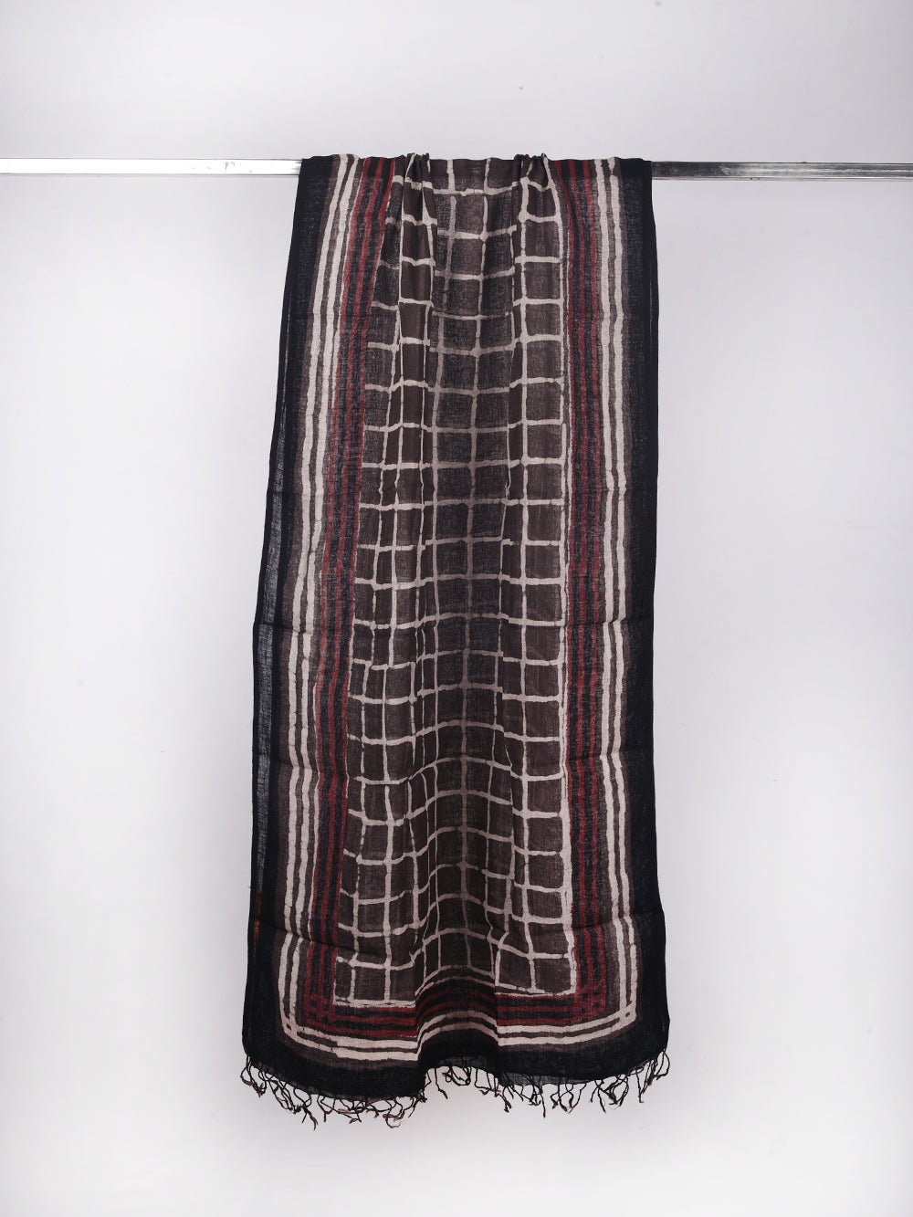 Bagru Daboo Kasis Checks Hand Printed Pure Linen Dupatta