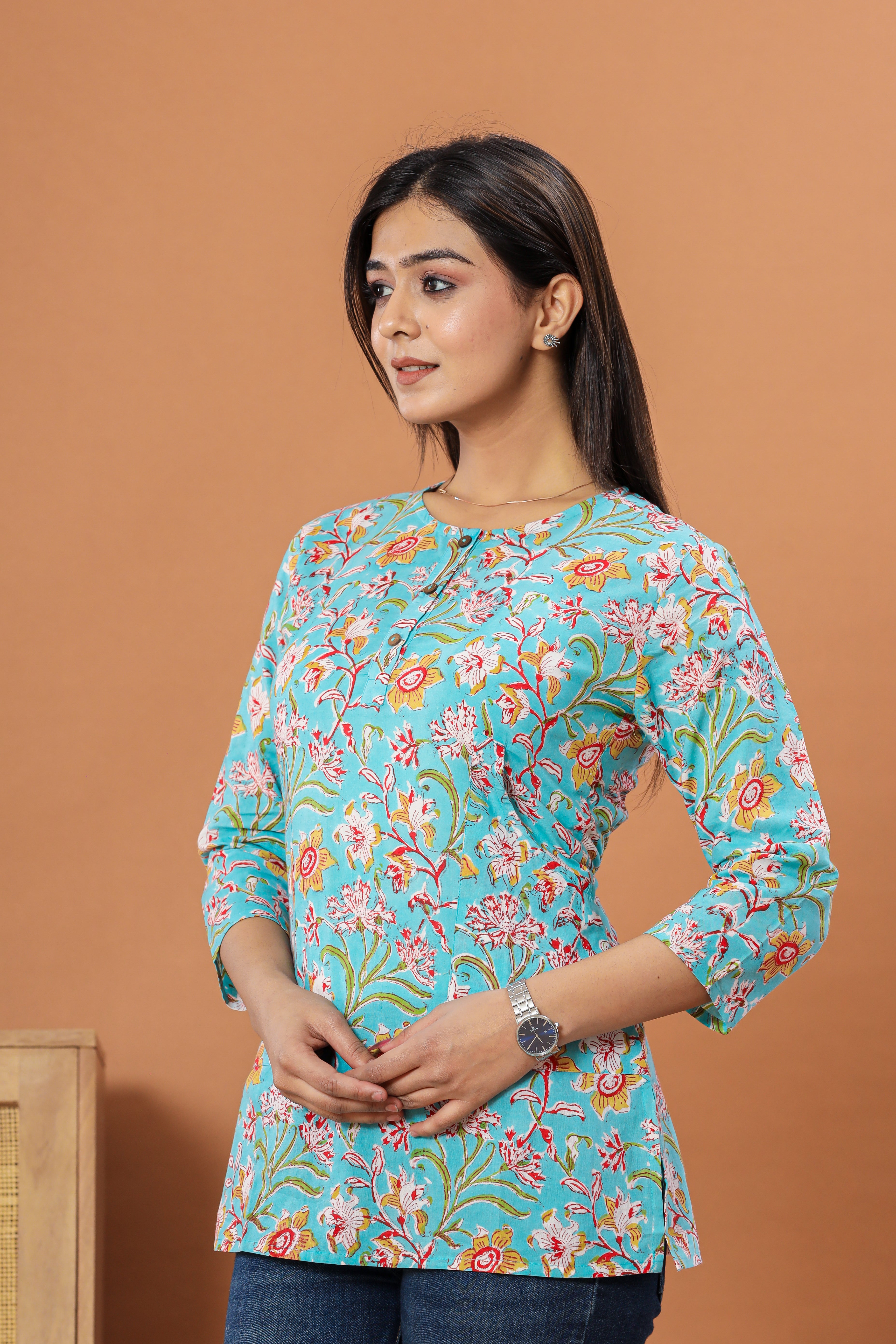 Blue Chintz Jaal Lounge Womens Hand Block Printed Tops