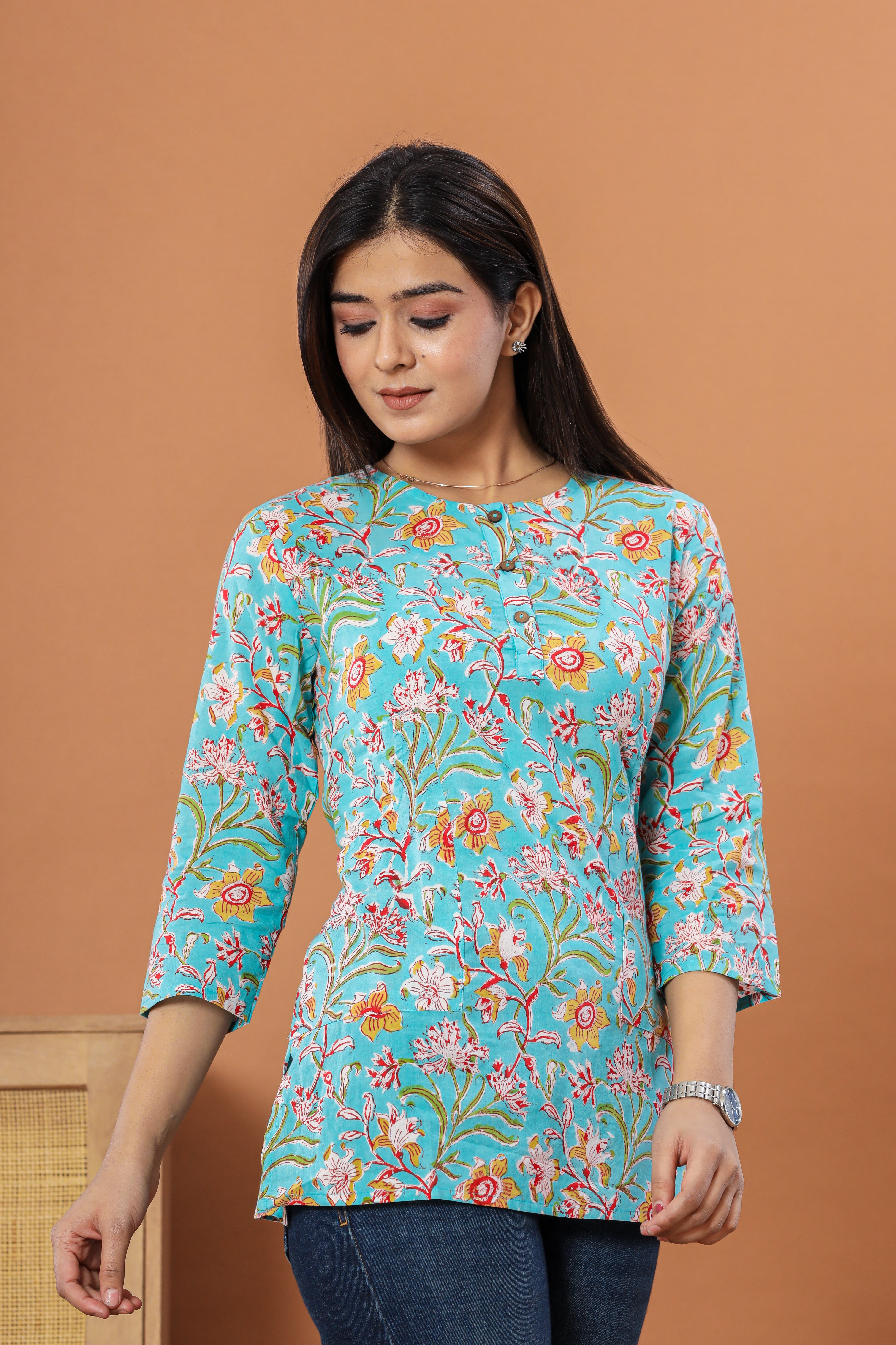 Blue Chintz Jaal Lounge Womens Hand Block Printed Tops