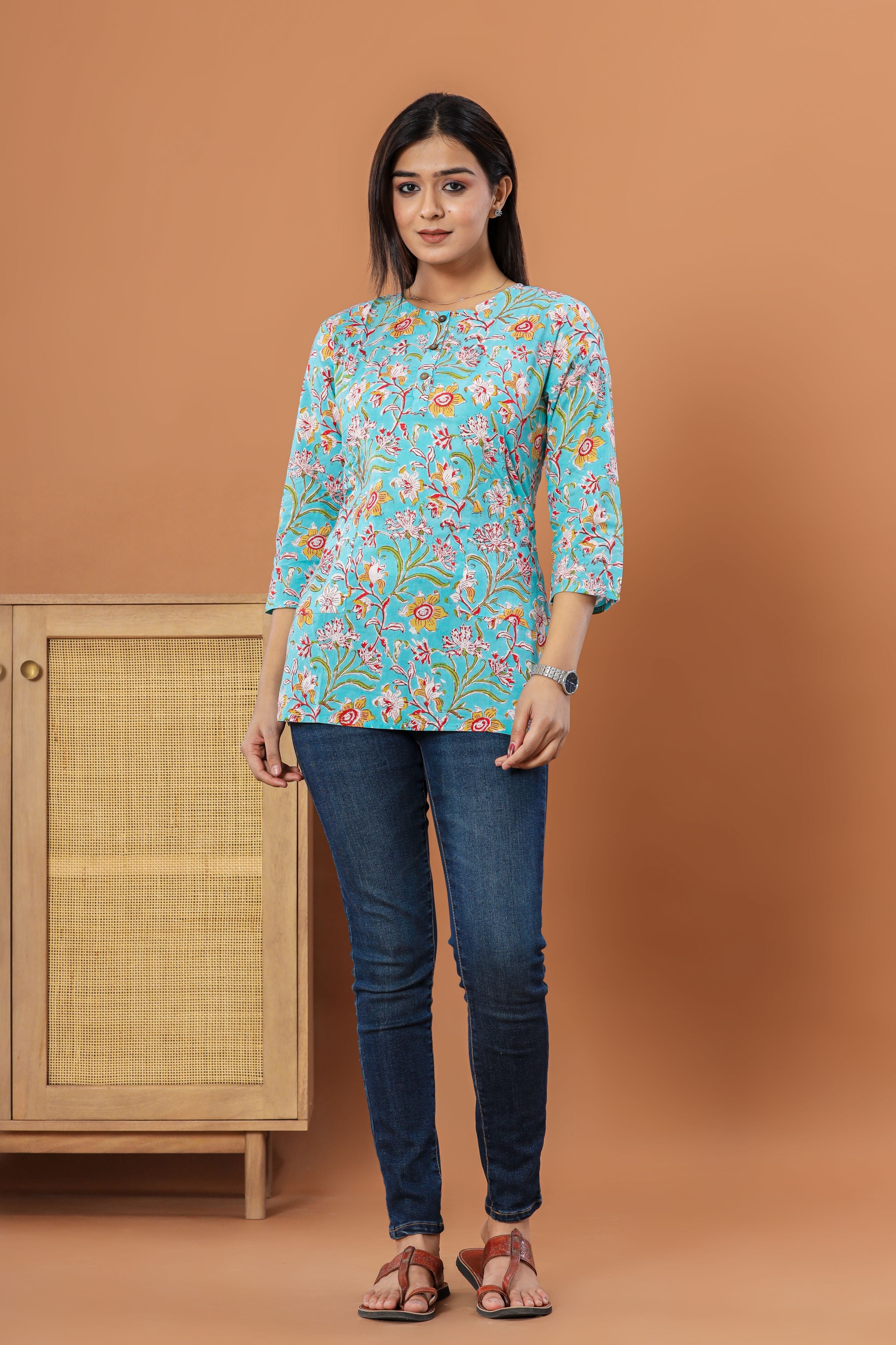 Blue Chintz Jaal Lounge Womens Hand Block Printed Tops