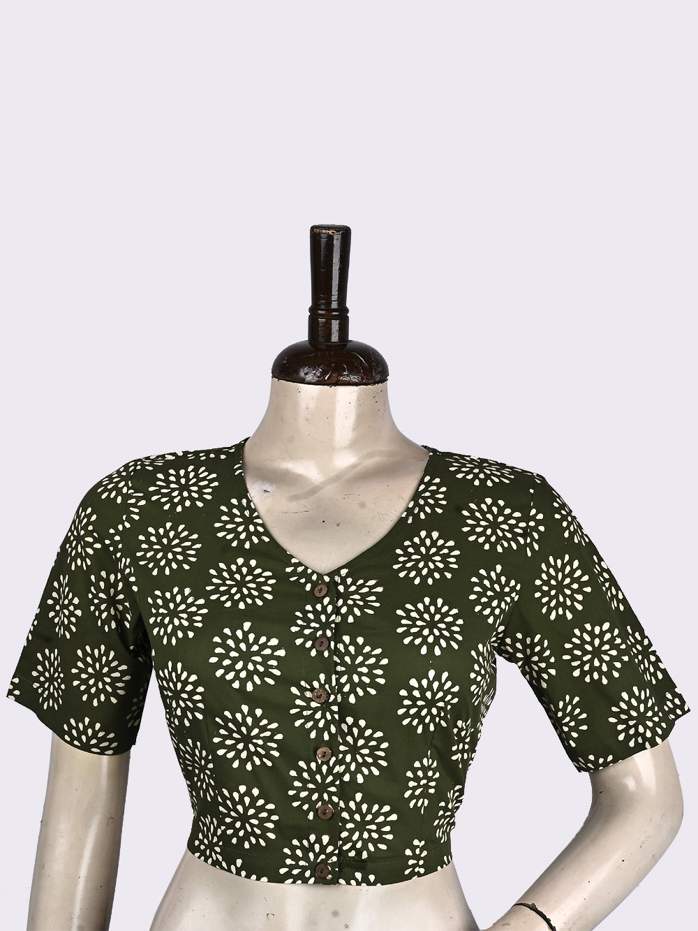 Green Crackle V-neck Hand Block Printed Cotton Blouse