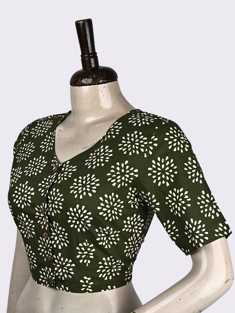 Green Crackle V-neck Hand Block Printed Cotton Blouse