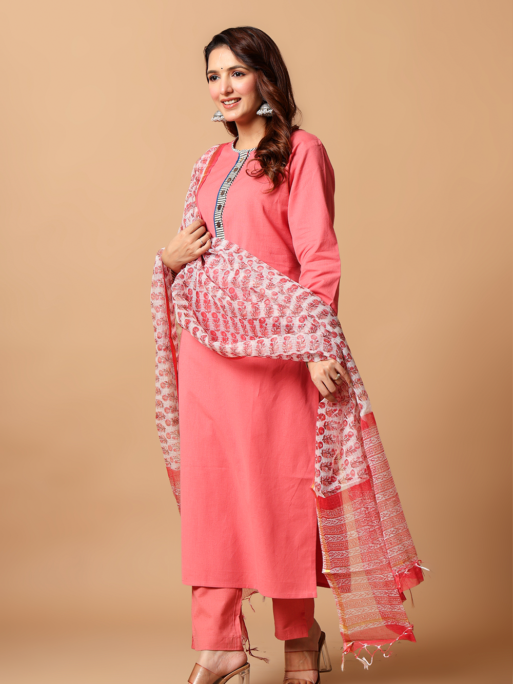 Coral Pink Kurta Pant Dupatta Set