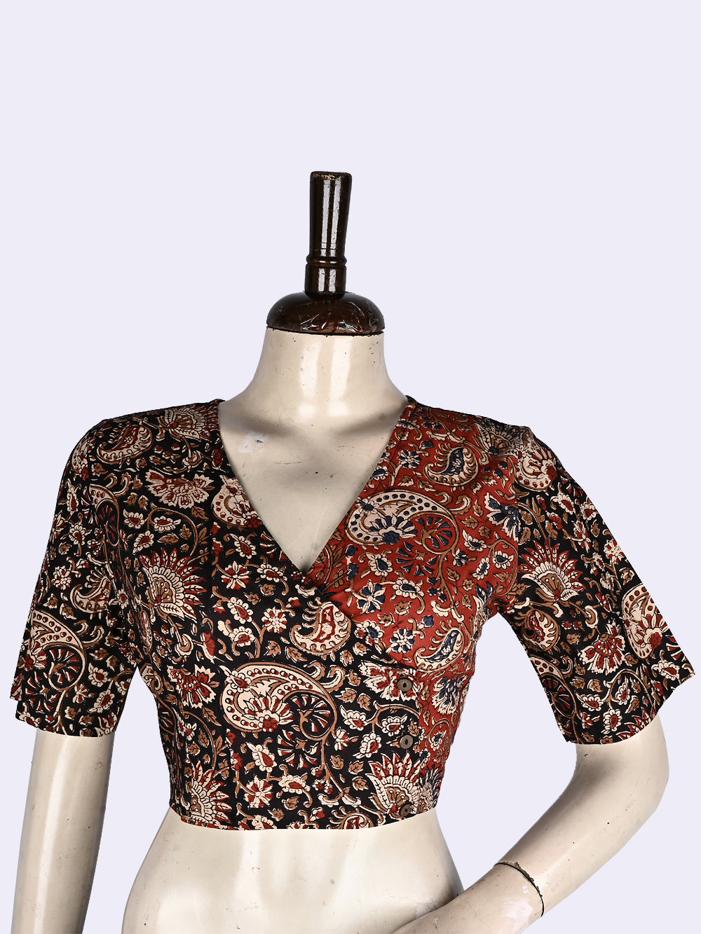 Red-Black Kalamkari Angrakha Hand Block Printed Cotton Blouse