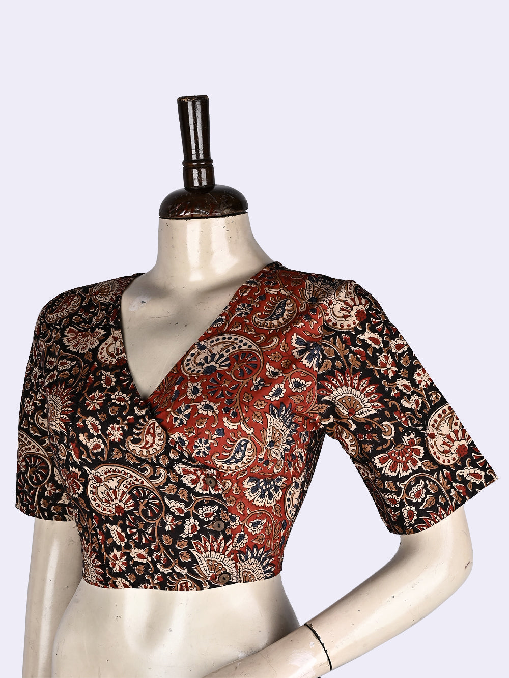 Red-Black Kalamkari Angrakha Hand Block Printed Cotton Blouse