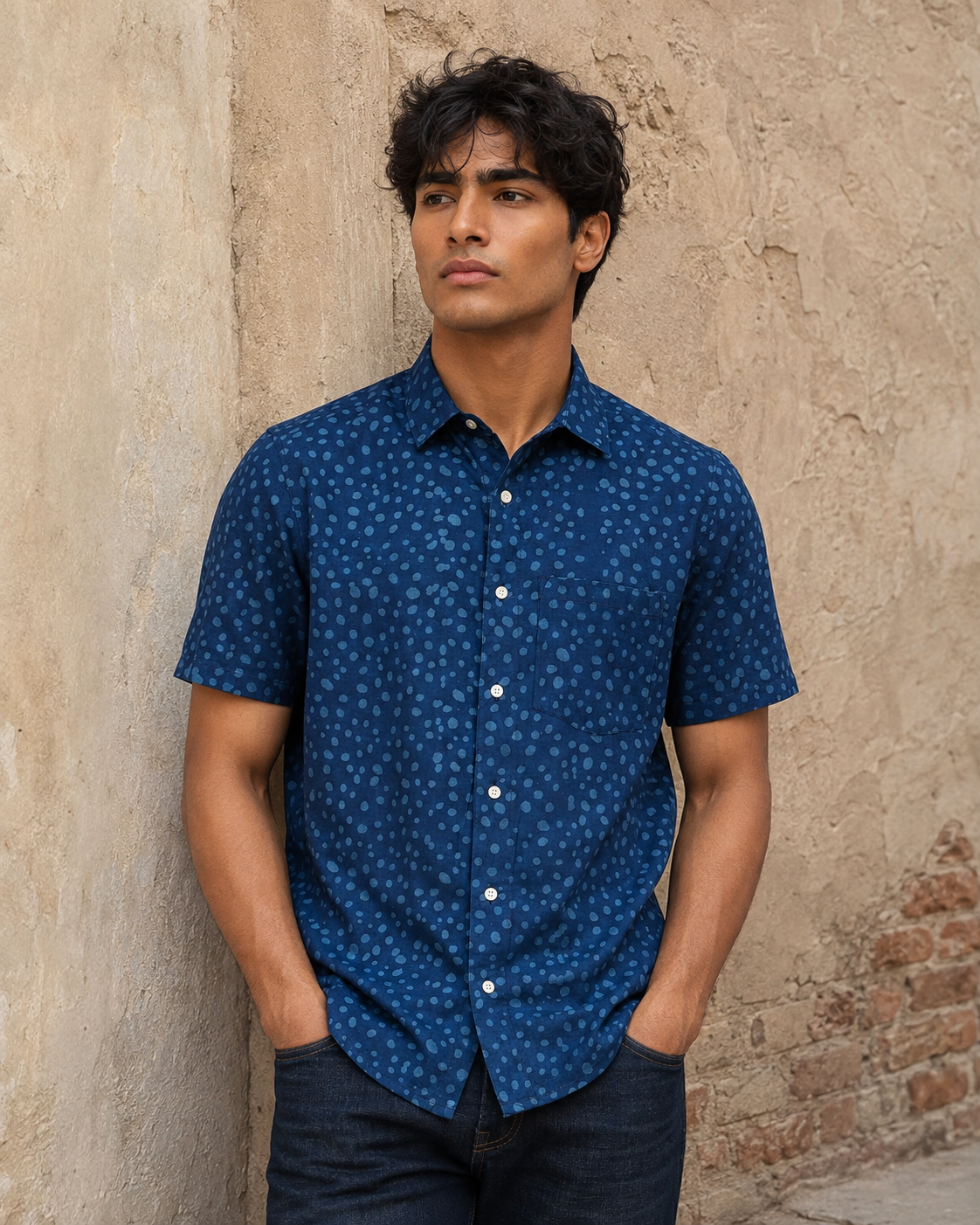 Indigo Dots Cotton Mens Half Sleeve Shirts