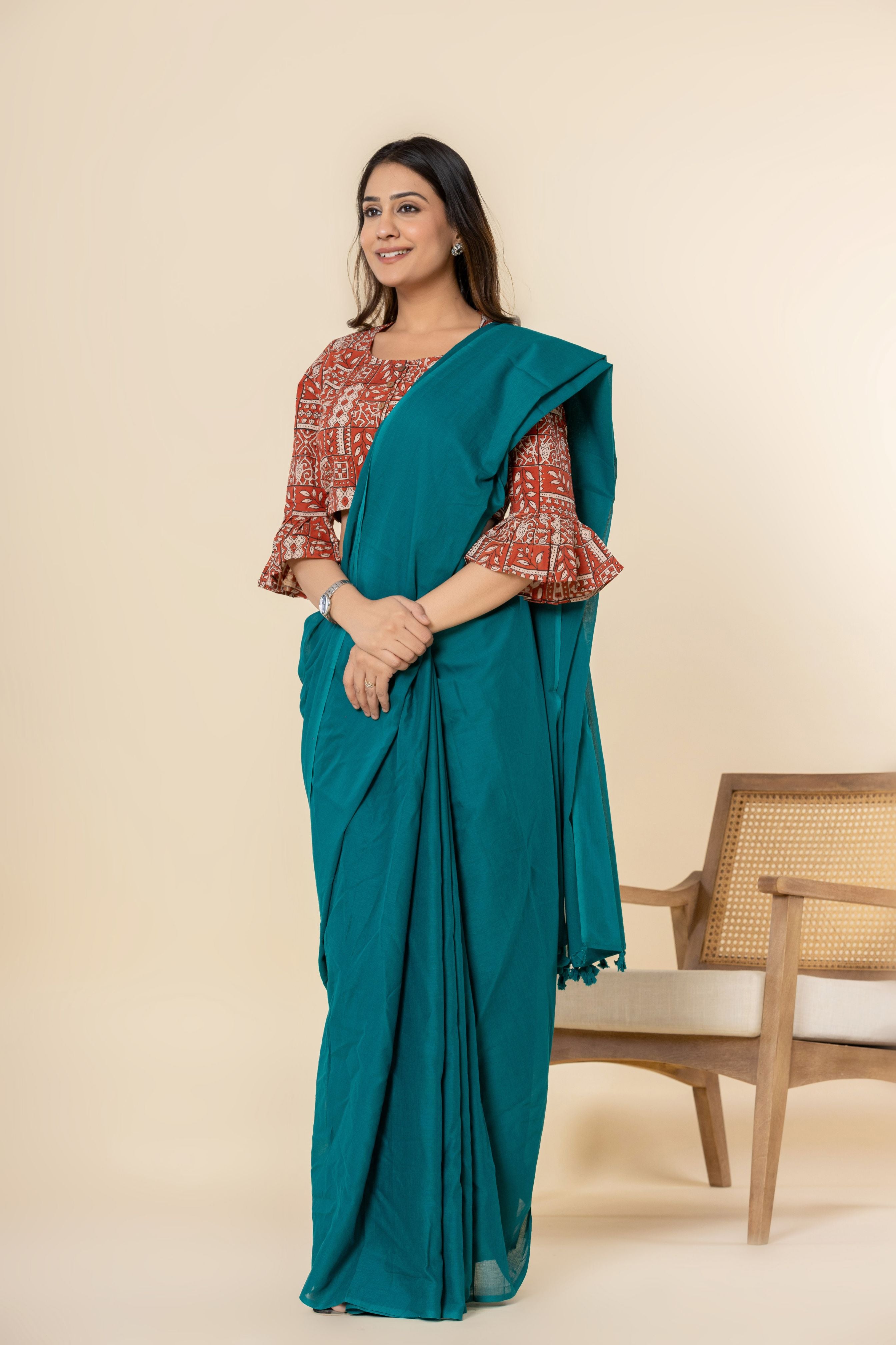 Dark Aqua Dyed Mul Mul Cotton Saree with Tassels (without Blouse)
