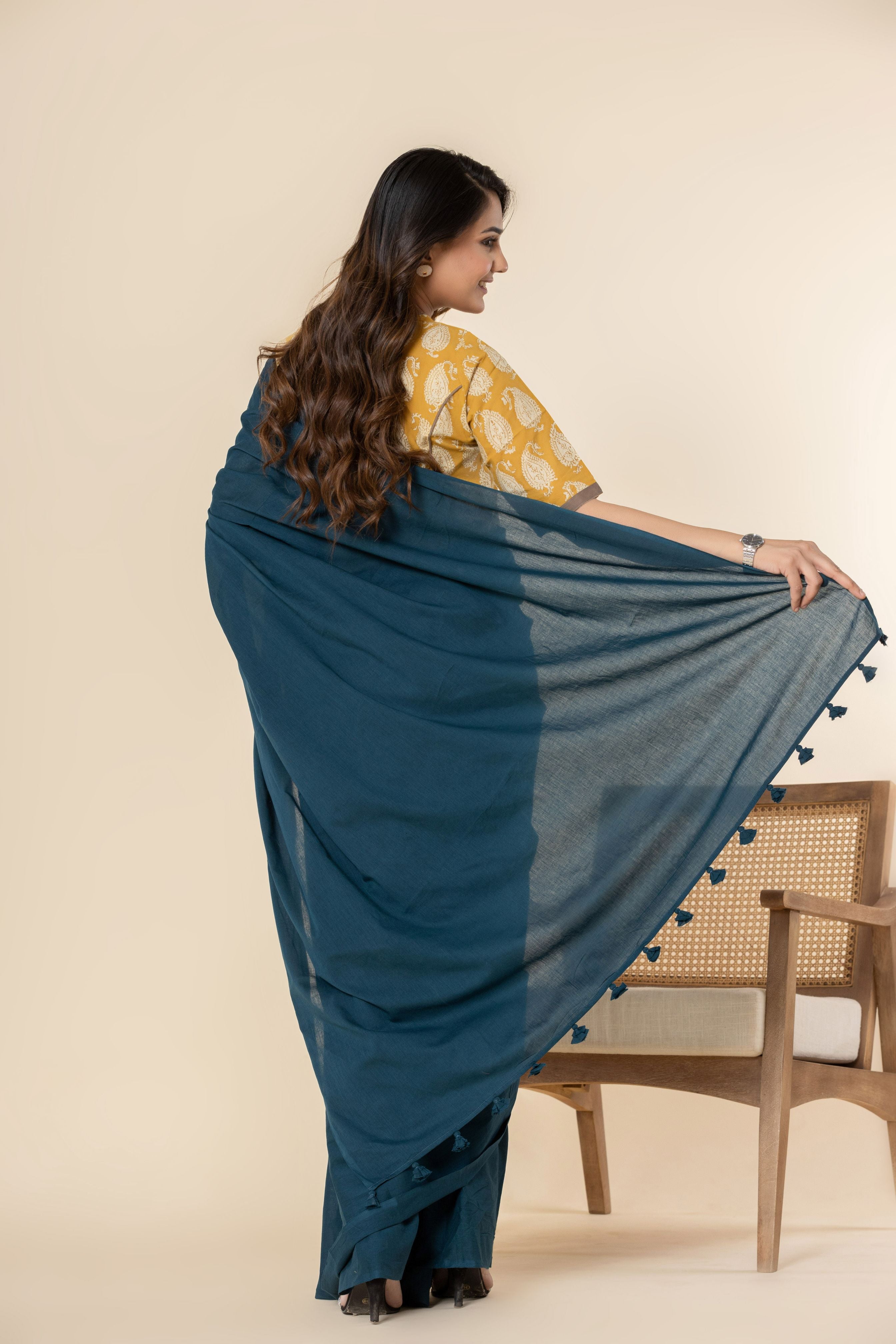 Night-time Blue Plain Dyed Mul Mul Cotton Saree with Tassels (without Blouse)