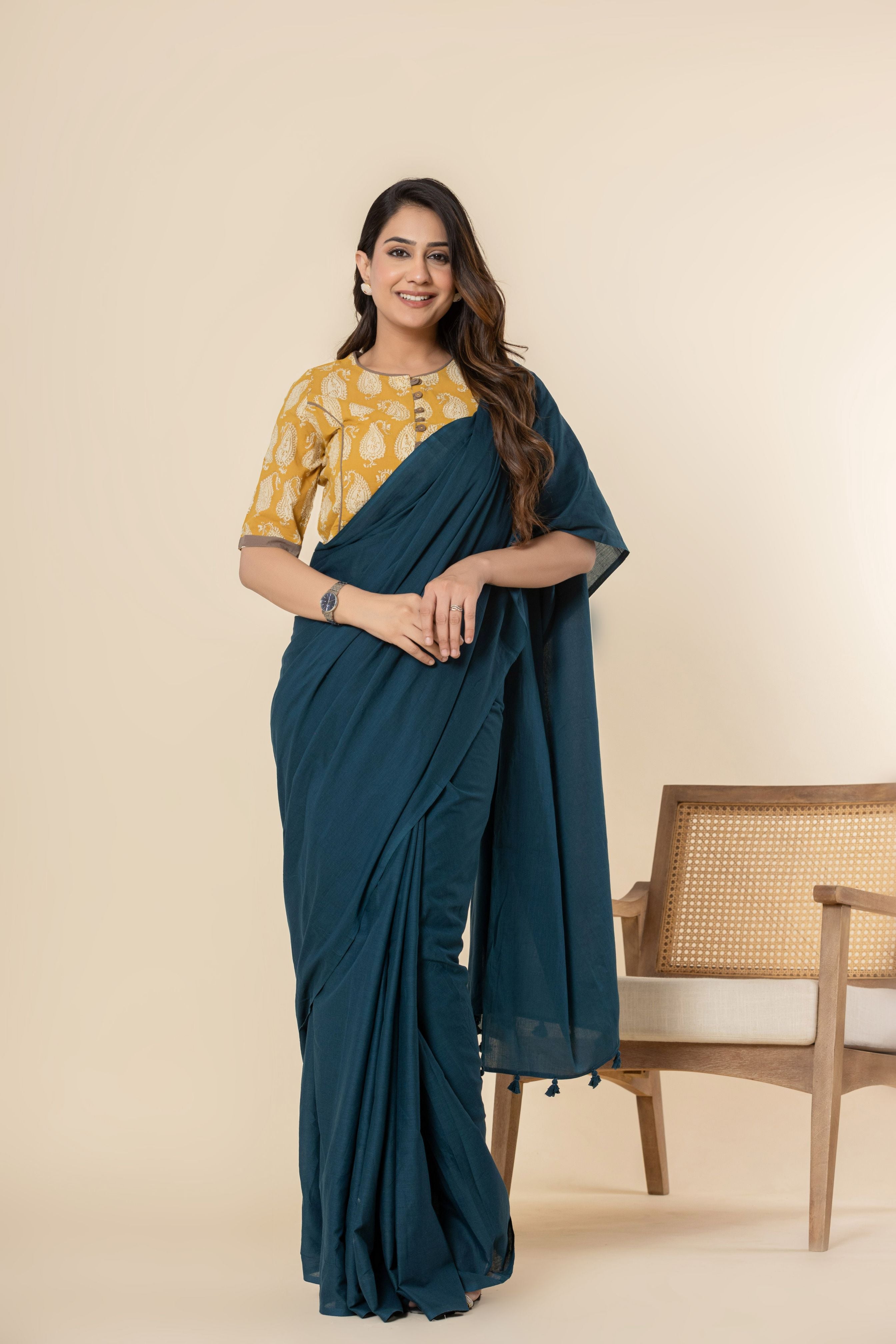 Night-time Blue Plain Dyed Mul Mul Cotton Saree with Tassels (without Blouse)
