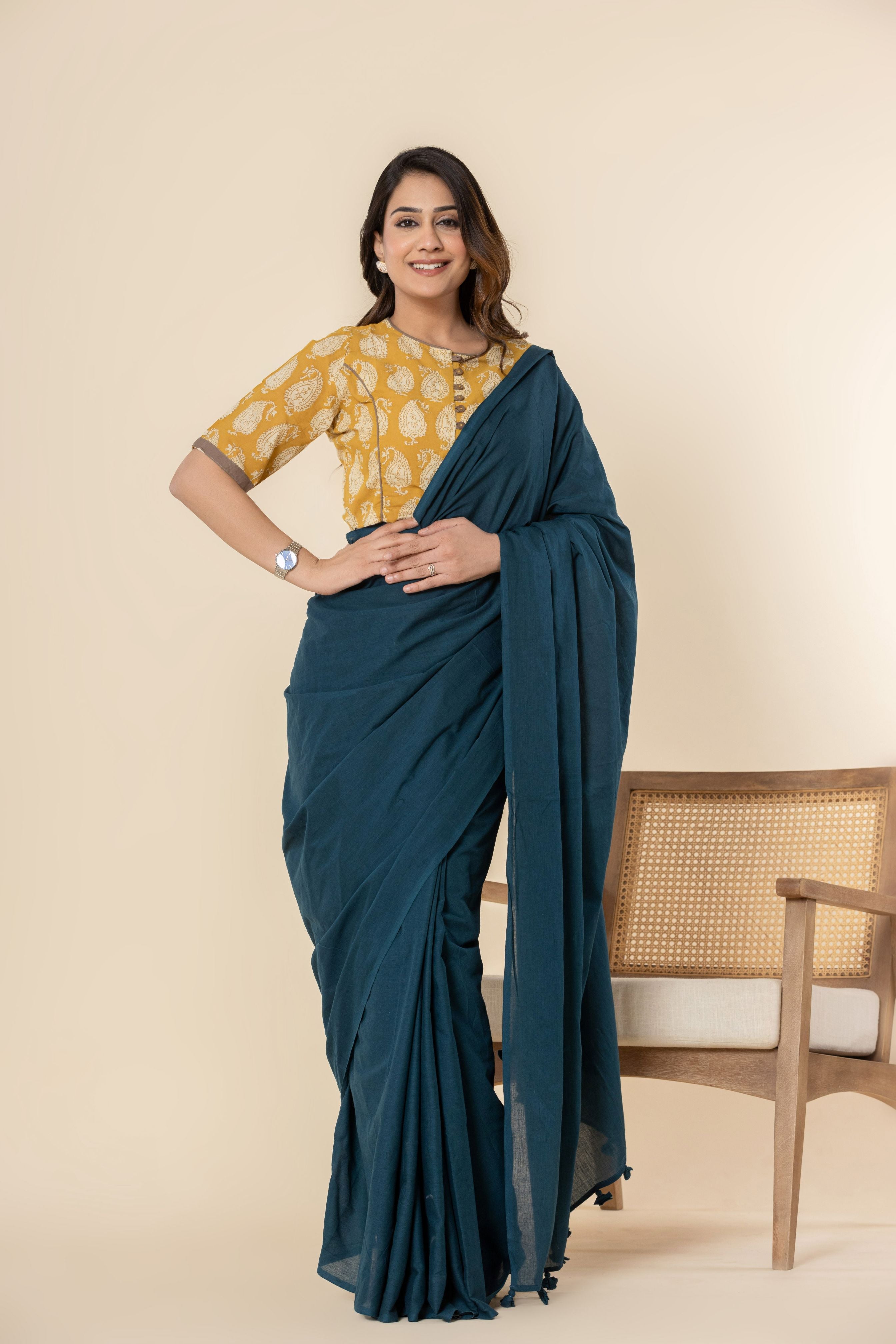 Night-time Blue Plain Dyed Mul Mul Cotton Saree with Tassels (without Blouse)