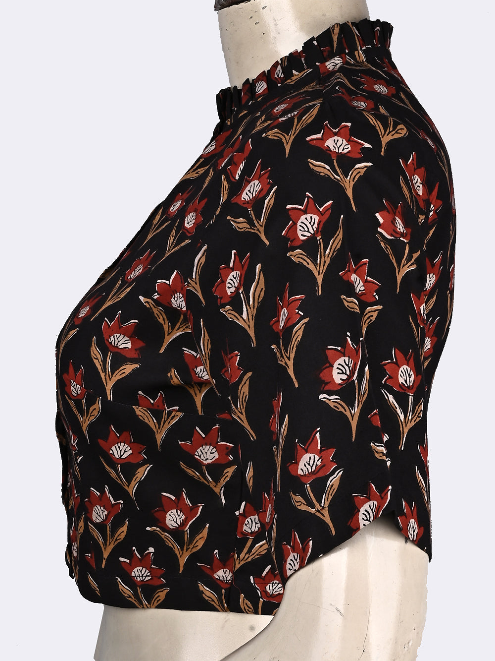 Bagru Black Mughal Flower Frill Collar Hand Block Printed Cotton Blouse