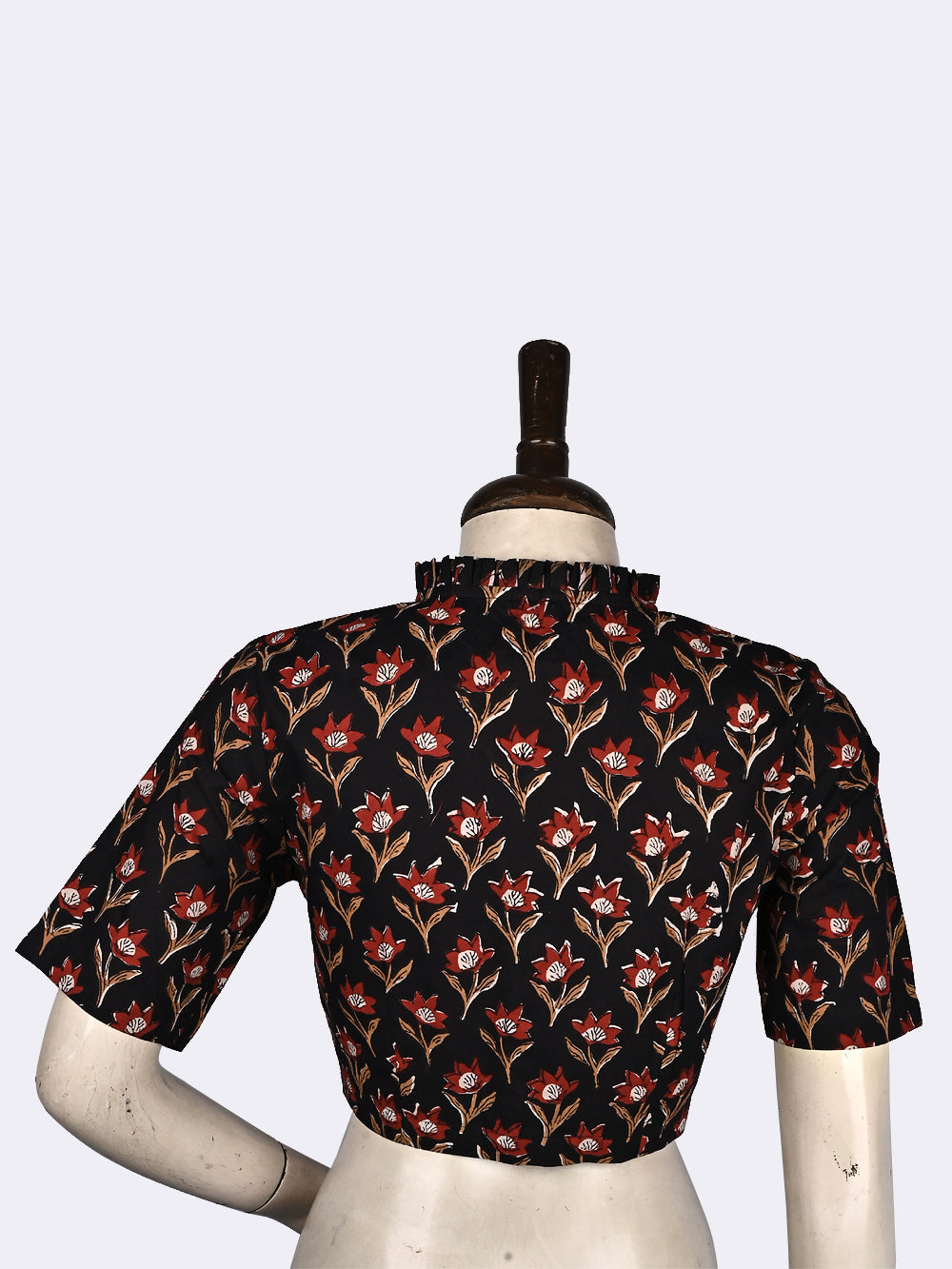 Bagru Black Mughal Flower Frill Collar Hand Block Printed Cotton Blouse