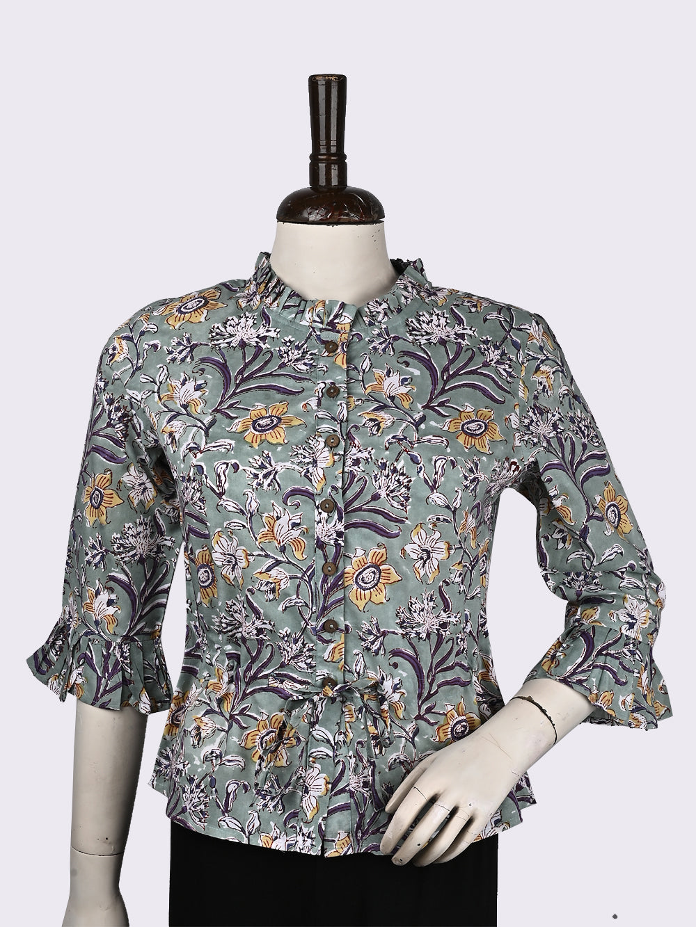 English Grey Chintz Hand Block Printed Cotton Long Blouse