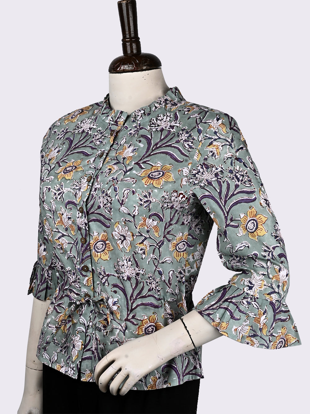 English Grey Chintz Hand Block Printed Cotton Long Blouse