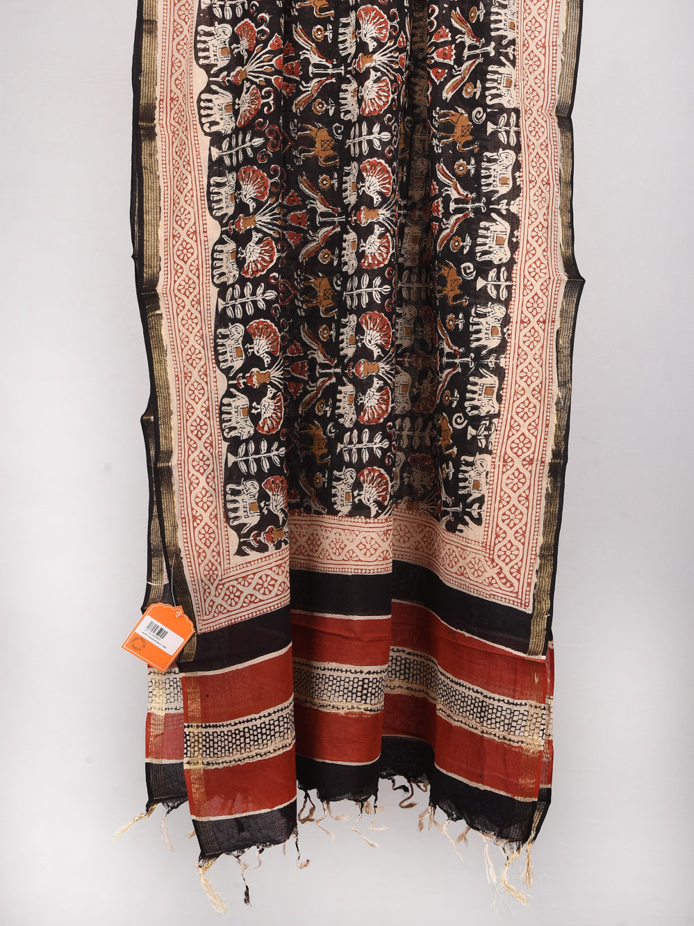 Bagru Black Jaipuri Janavar Hand Printed Silk Cotton Chanderi Dupatta