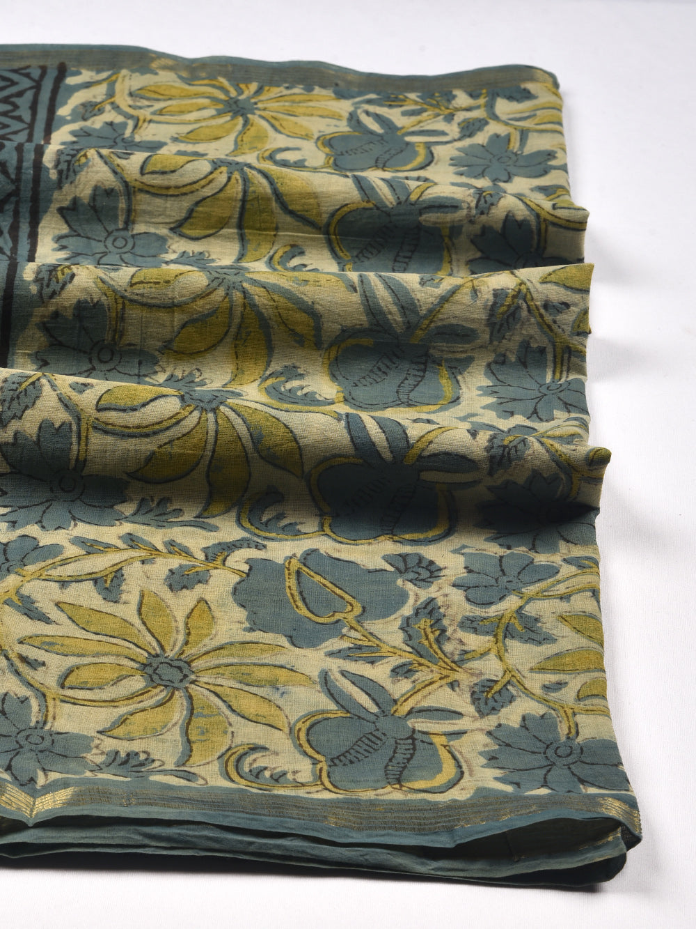 Green Floral Hand Block Printed Cotton Dupatta with Zari Border
