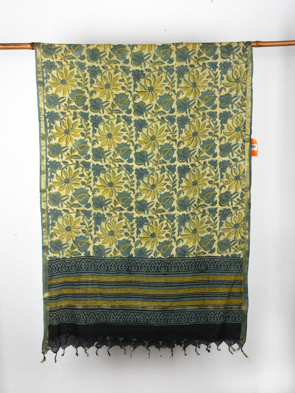 Green Floral Hand Block Printed Cotton Dupatta with Zari Border