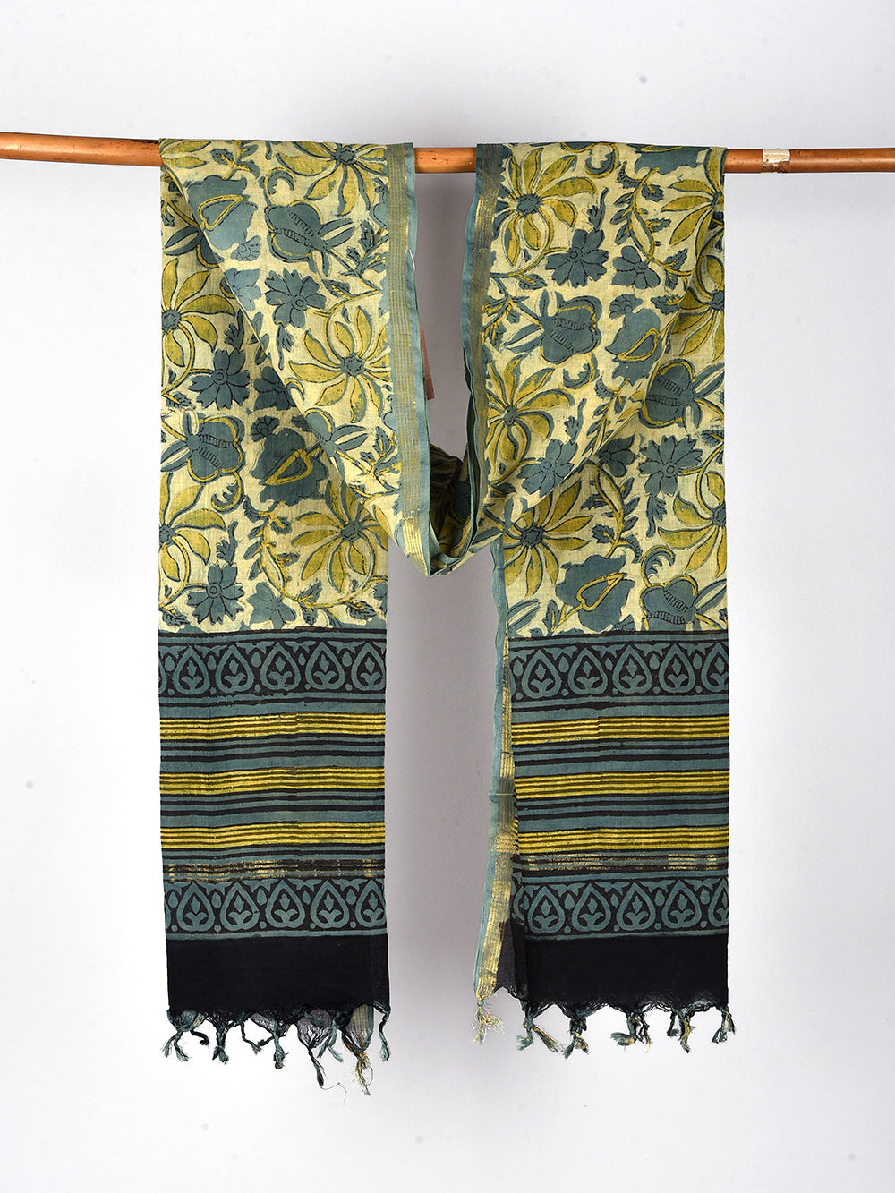 Green Floral Hand Block Printed Cotton Dupatta with Zari Border