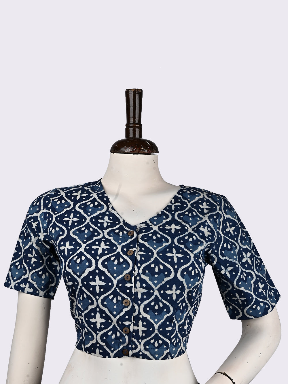 Indigo Blue Jharokha V-neck Hand Block Printed Cotton Blouse