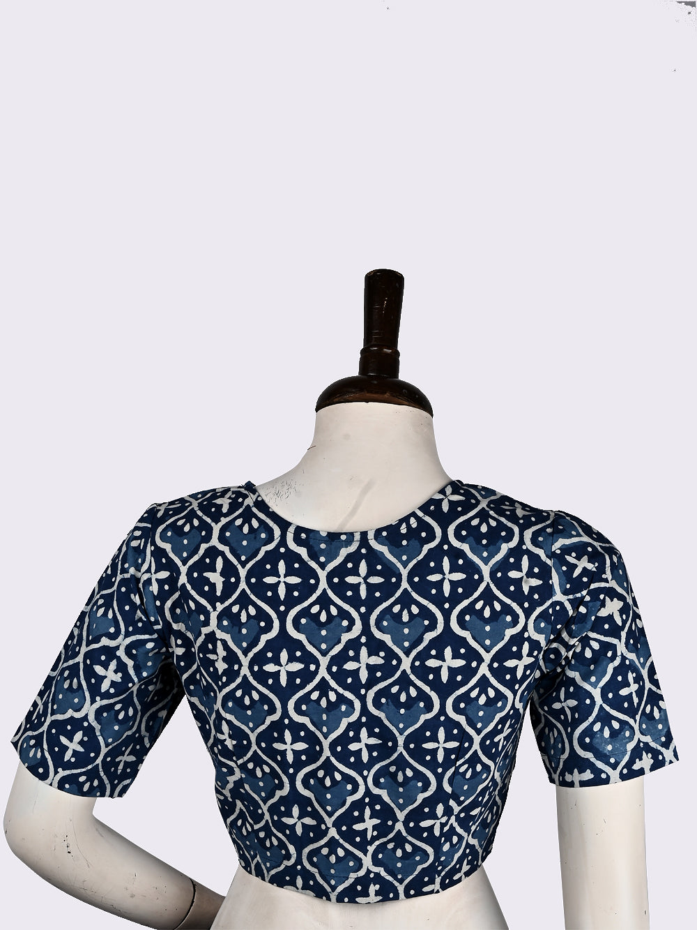 Indigo Blue Jharokha V-neck Hand Block Printed Cotton Blouse