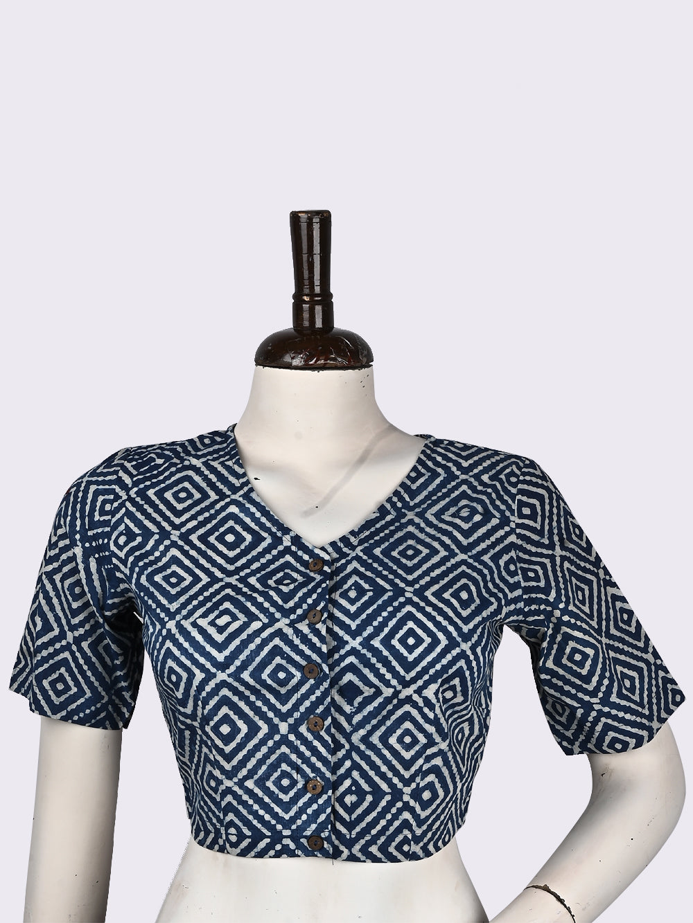 Daboo Indigo Chaukor V-neck Hand Block Printed Cotton Blouse
