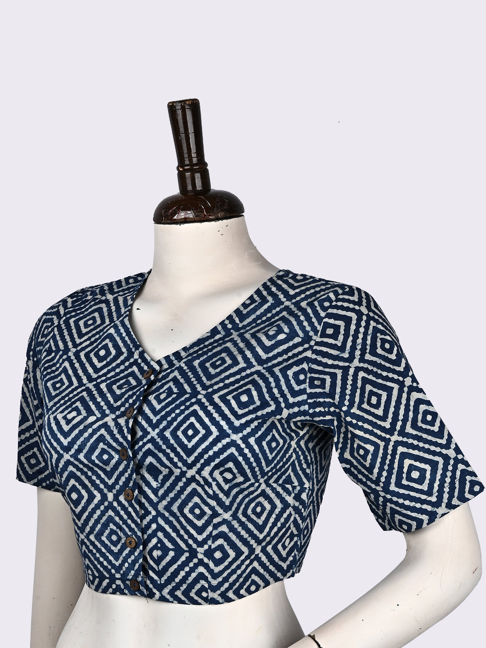 Daboo Indigo Chaukor V-neck Hand Block Printed Cotton Blouse