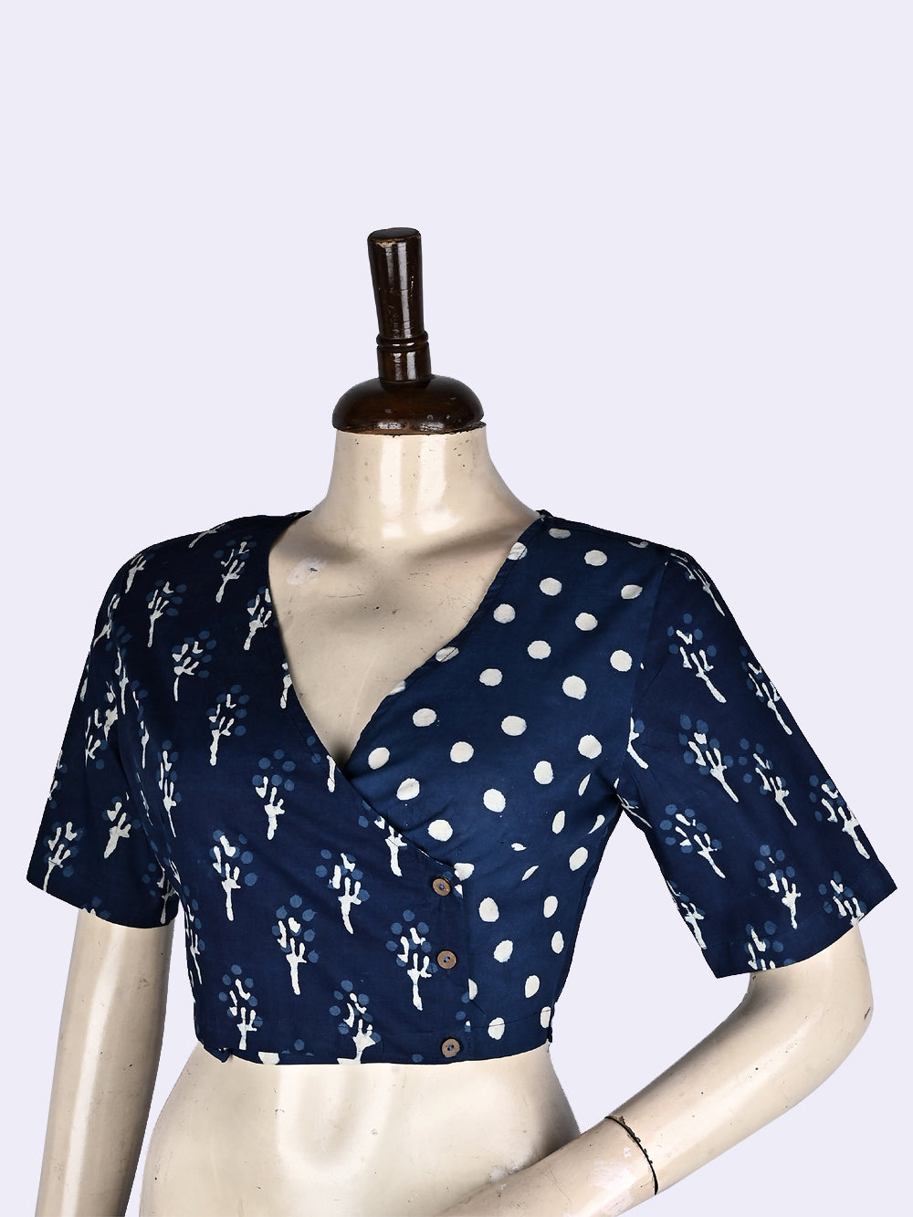 Indigo Polka Angrakha Hand Block Printed Cotton Blouse