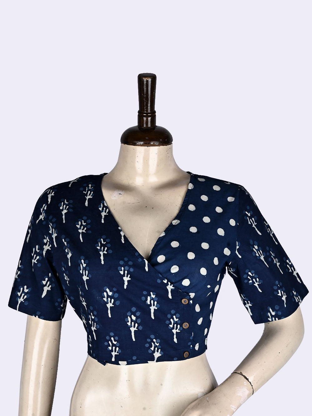 Indigo Polka Angrakha Hand Block Printed Cotton Blouse