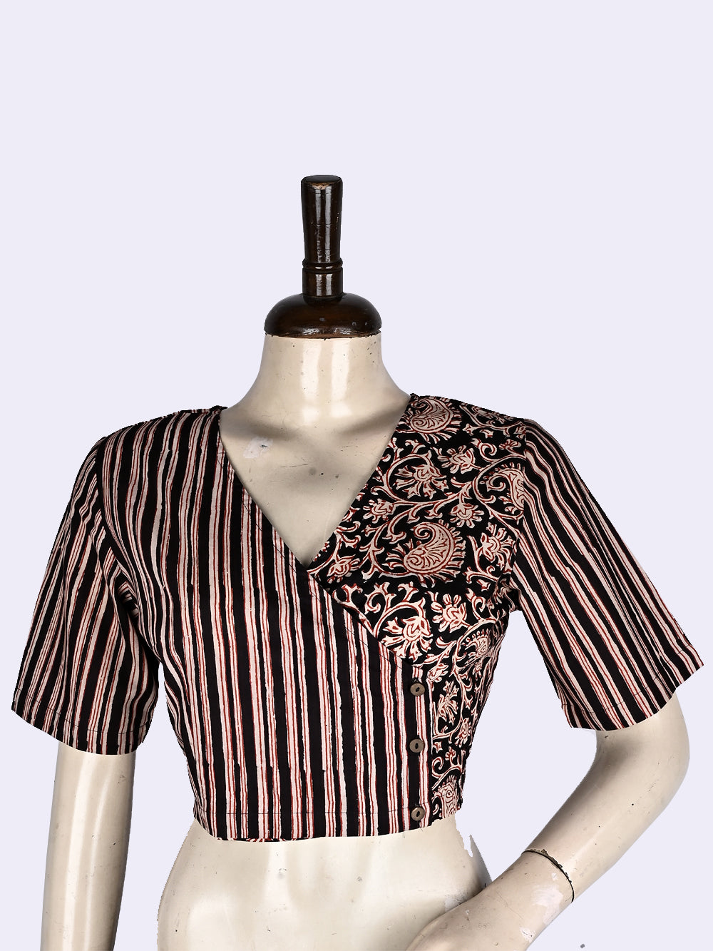 Bagru Natural Black Kairi Angrakha Hand Block Printed Cotton Blouse