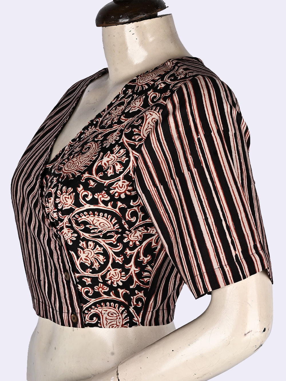 Bagru Natural Black Kairi Angrakha Hand Block Printed Cotton Blouse