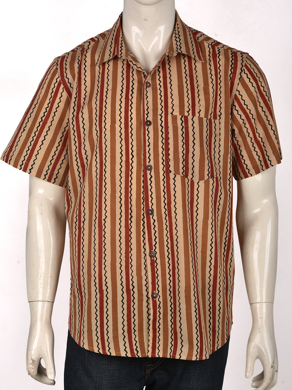 Bagru Stripe-Ziggy Cotton Mens Half Sleeve Shirts