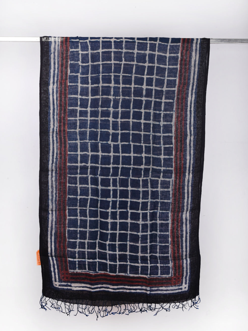 Bagru Daboo Indigo Checks Hand Printed Pure Linen Dupatta