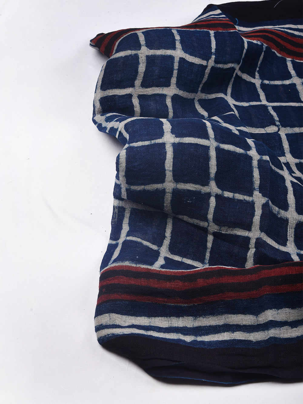 Bagru Daboo Indigo Checks Hand Printed Pure Linen Dupatta