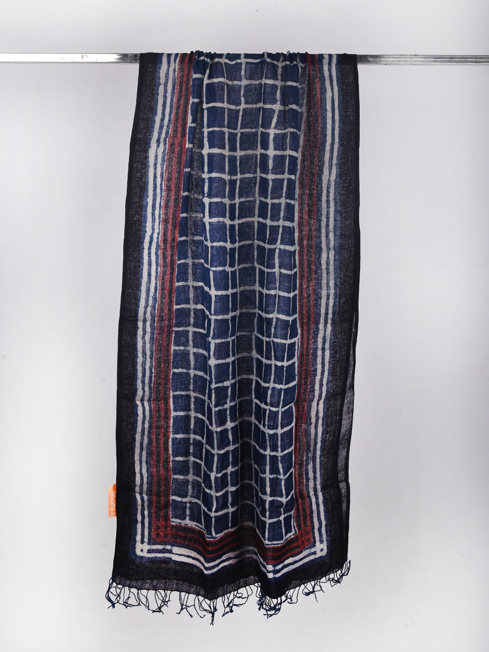 Bagru Daboo Indigo Checks Hand Printed Pure Linen Dupatta
