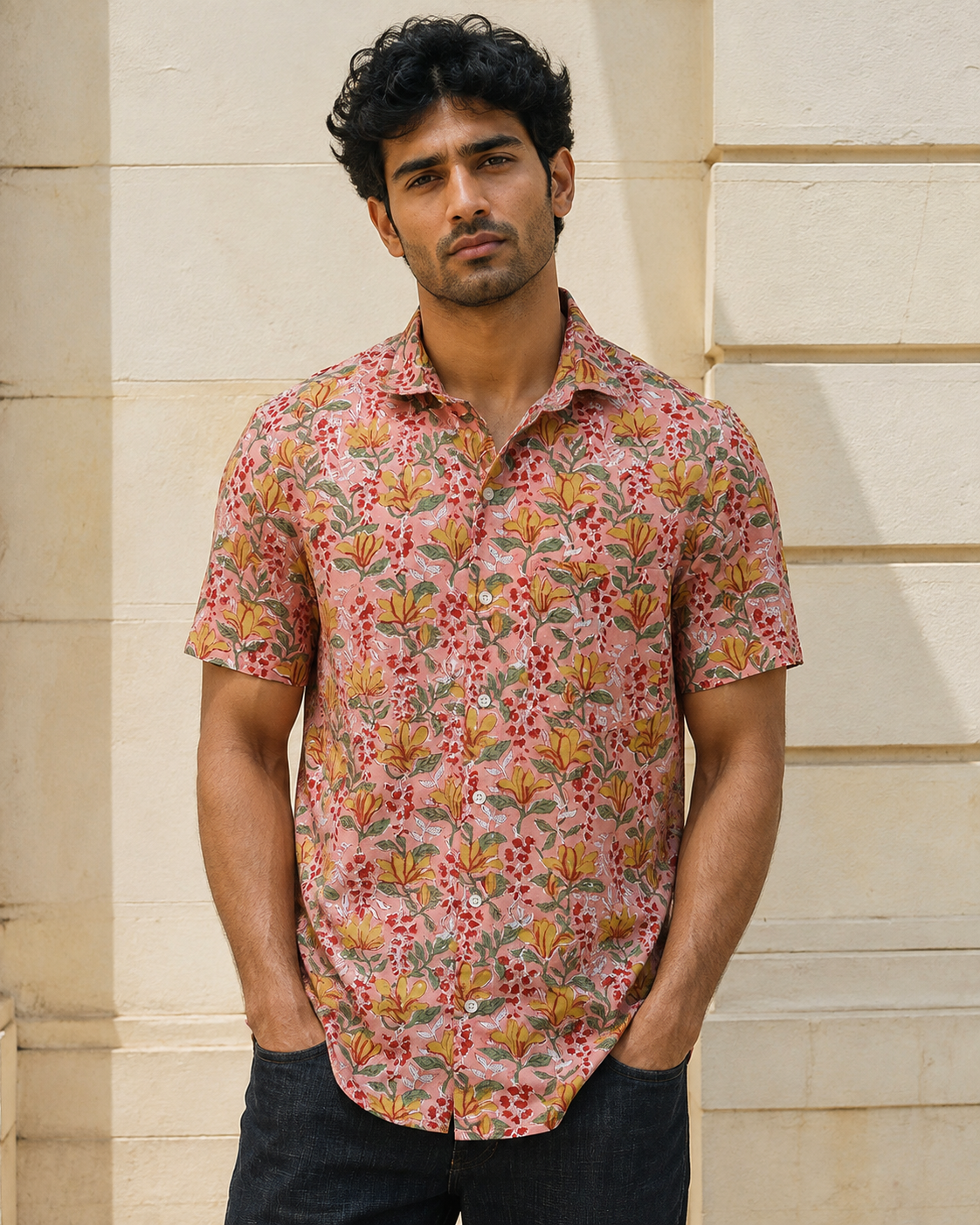 Pink Floral Cotton Mens Half Sleeve Shirts