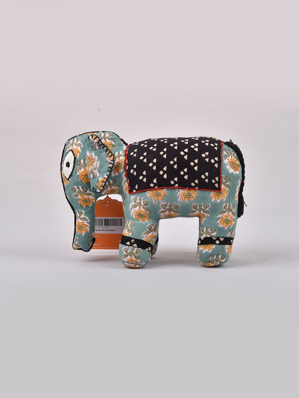 Elephant Sea Green-Black Hand Block Printed Fabric Soft Toy