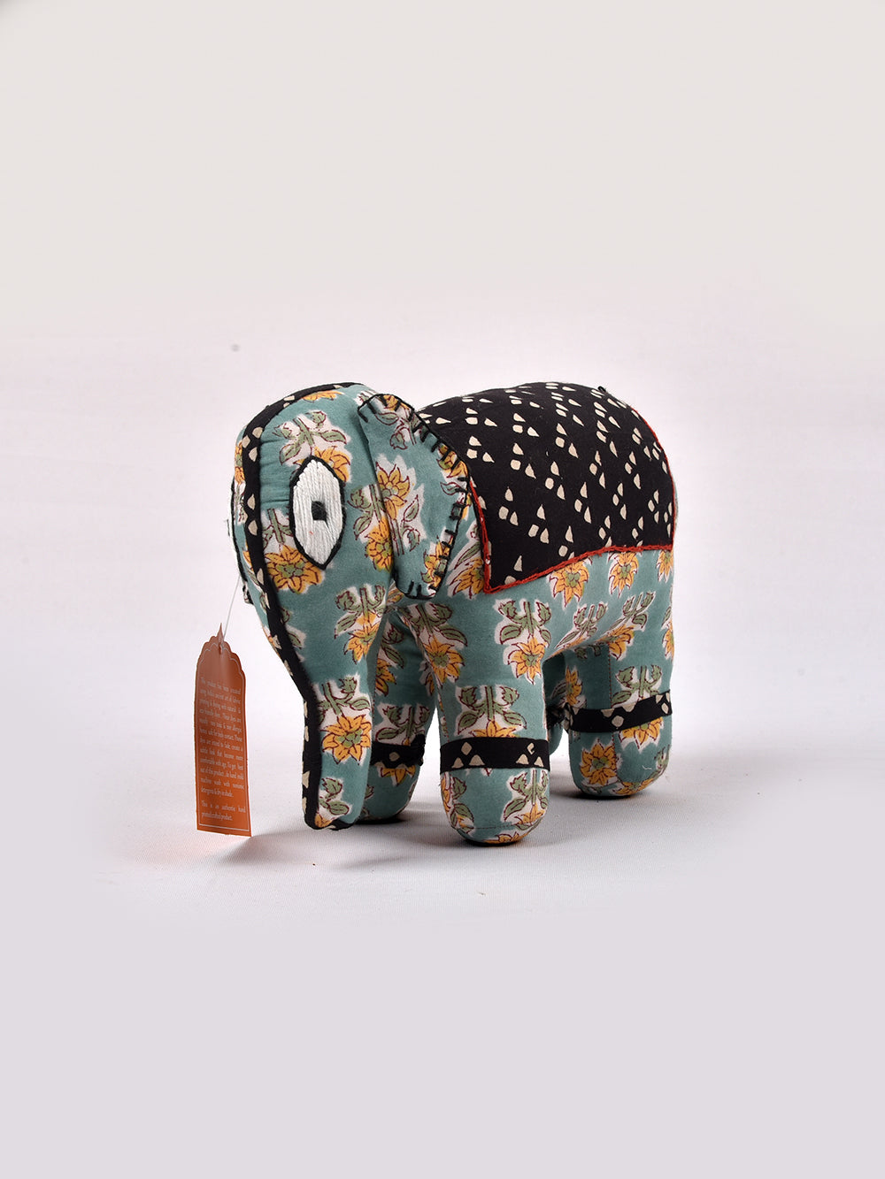 Elephant Sea Green-Black Hand Block Printed Fabric Soft Toy