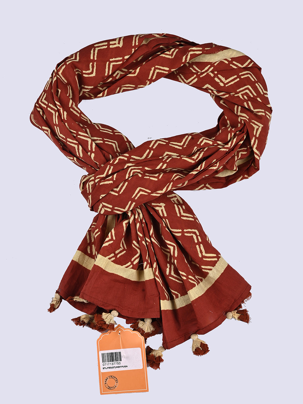 Red - Block Print Cotton Sanganeri Stole with Tassels 131